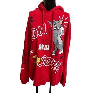 Red Tom And Jerry Sweatshirt Hoodie Two Sided Graphic Size YOUTH LARGE 20